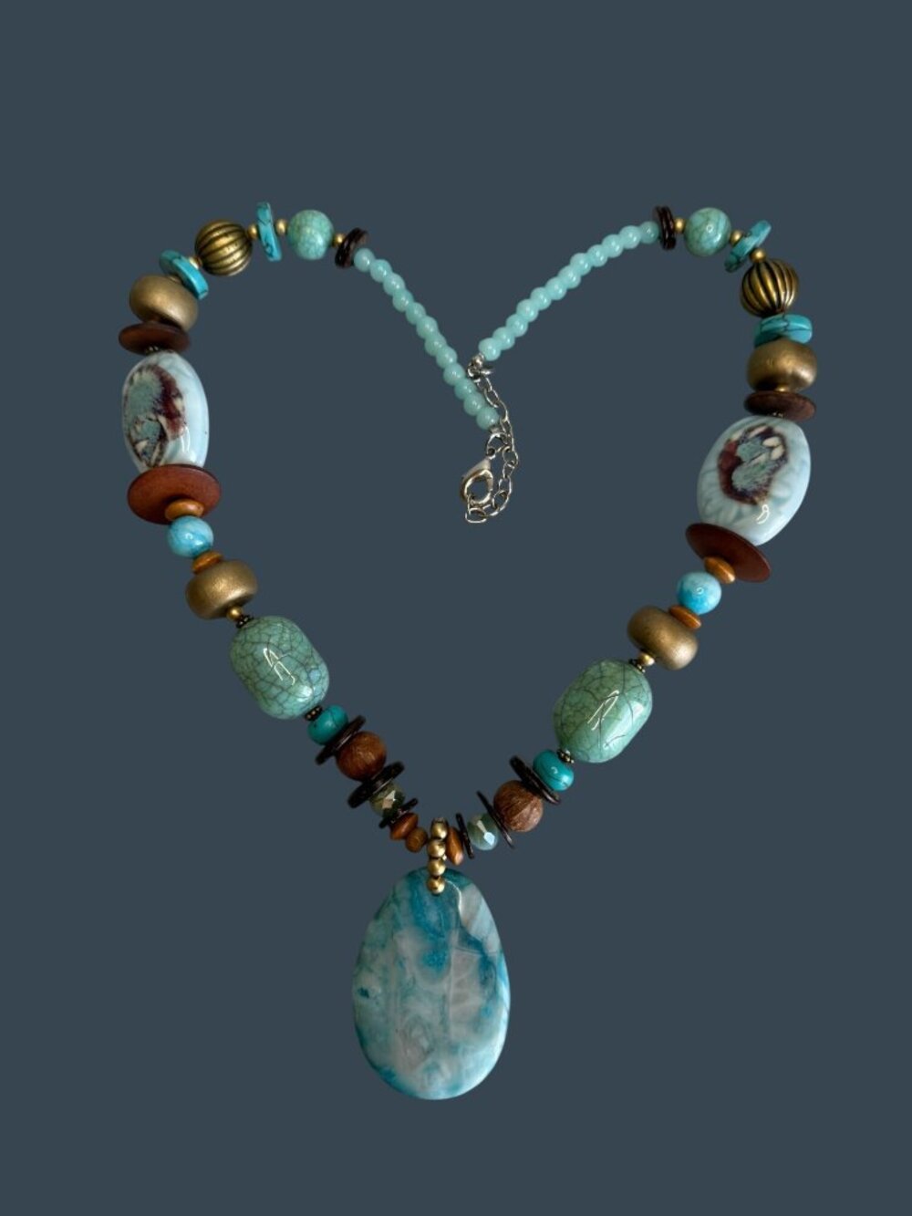 Boho Turquoise Chunky Necklace Stone Pendant Ceramic Bead Adjustable 26in - Picture 6 of 10